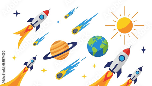 Cosmic adventure with rockets, planets, stars, and meteors, representing the vastness and wonder of space exploration and celestial bodies