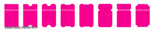 Set of pink ticket mockups with ruffle edges and shadows. Small vertical empty templates. Concert, movie or theater ticket. Boarding blank, lottery, sale coupon