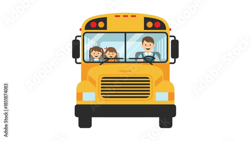 Bright yellow school bus with happy children and driver inside, ready for educational journey