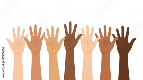 Diverse group of hands of varying skin tones raised in unison, symbolizing unity, equality, and cooperation