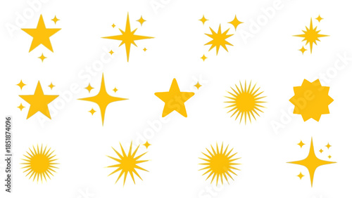 Collection of golden stars and sparkles icons, abstract festive elements for design