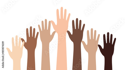 A diverse group of hands raised high in the air symbolizing unity, participation, and community spirit in a vibrant illustration
