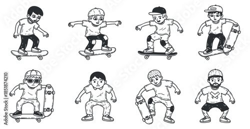 A collection of eight skateboarder characters in playful outline vector style, perfect for sports and youth-themed designs