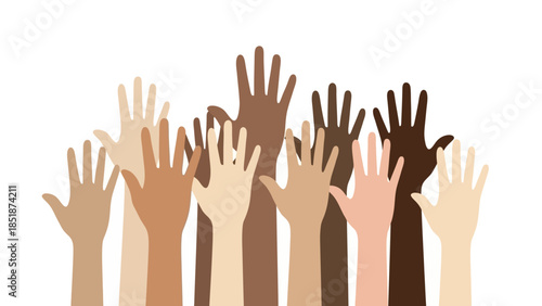 A diverse group of hands of various skin tones raised in unison against a white background, symbolizing unity, community, and equality