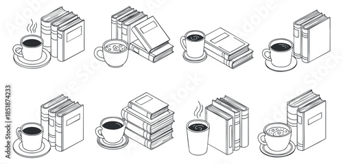 A collection of coffee cups and stacked books in minimalist black and white vector style, ideal for educational and cafe-themed designs