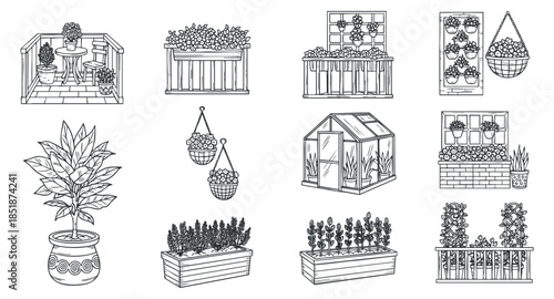 A collection of garden elements including planters, pots, a greenhouse, and hanging plants in black and white outline style, ideal for gardening projects and home decor