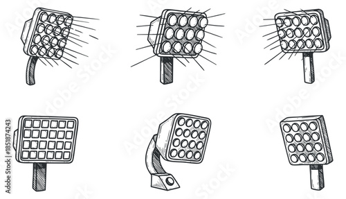 A set of six different lighting fixtures in hand-drawn sketch vector style, ideal for design and technology projects