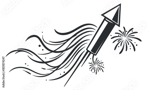 A rocket launching with dynamic trails and fireworks in black and white vector style, perfect for celebration themes