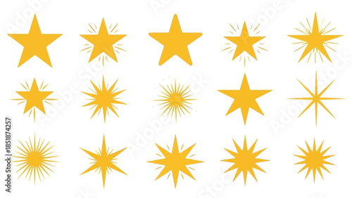 Collection of shining yellow starbursts and sparkling star icons, representing brilliance and achievement