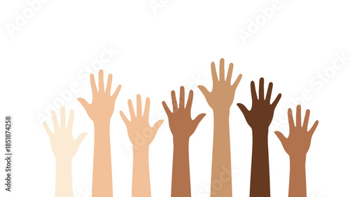 A diverse group of raised hands symbolizing unity, inclusion, and community in a multicultural society