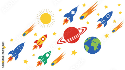 Vibrant Space Adventure Rockets, Planets, and Shooting Stars Ignite Imagination