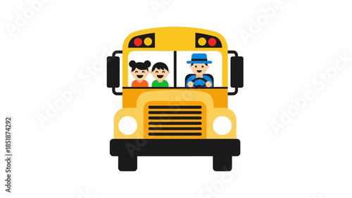 Cheerful yellow school bus with happy children and driver seen from the front on a white background illustration