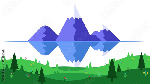 Serene Mountain Reflection Over a Vibrant Green Landscape with Wildflowers