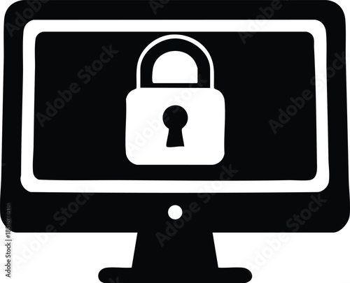 Flat design minimalist black computer monitor with centered padlock icon on screen view secure locked screen symbol for cybersecurity high contrast simple glyph vector security concept
