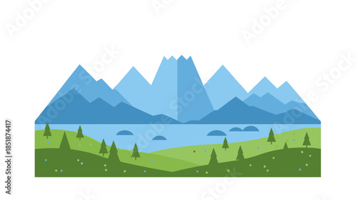 Serene Mountain Lake Landscape with Rolling Hills and Sparse Pine Trees under a Clear Blue Sky