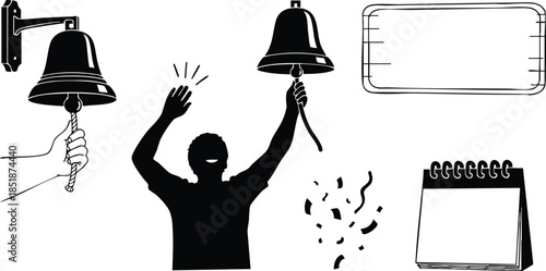 Flat icon silhouette close up person ringing hand bell with wall bell confetti notepad and blank label on white background bold graphic illustration raising arm high