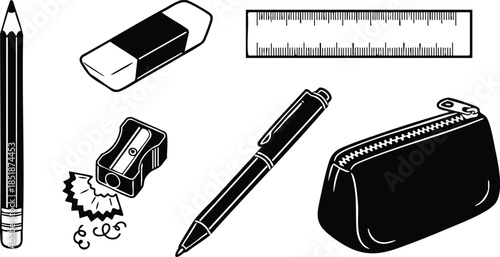 Line art top view stationery collection wooden pencil eraser ruler metal sharpener ballpoint pen zip pouch shavings ink stains isolated white background flat minimal vector illustration