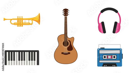 Collection of Musical Instruments and Audio Devices for Entertainment and Music Production