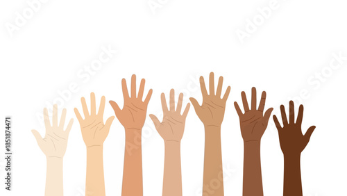 Diverse hands raised in unity, symbolizing equality, community, and a call for collective action and solidarity