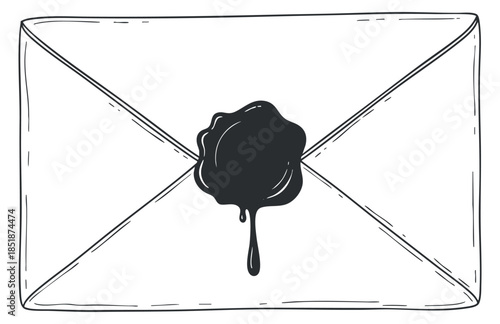 An envelope with a black wax seal in outline sketch style, suitable for vintage-themed invitations and stationery designs