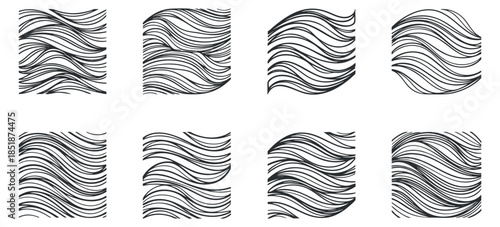 A collection of abstract wave patterns in black and white minimalist vector style, suitable for modern design projects