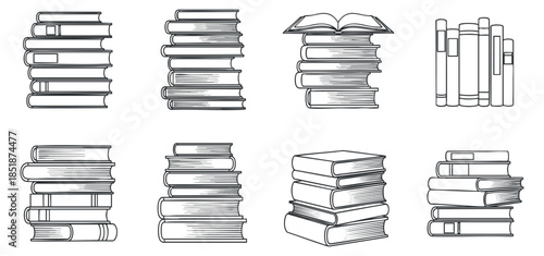 A collection of various stacked books in outline vector style, suitable for educational and literary projects