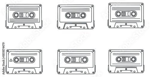 A collection of six cassette tapes in black and white outline vector style, perfect for music and retro-themed designs