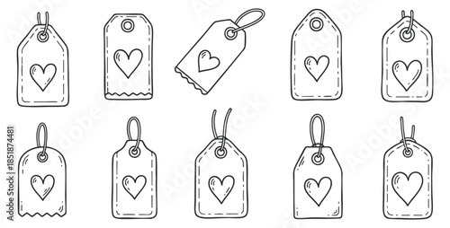 A collection of hand-drawn gift tags with heart designs in black and white outline style, ideal for marketing and crafting
