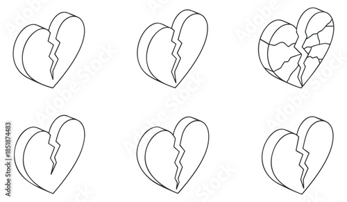 A set of six broken heart icons in minimalist black and white outline vector style, suitable for emotional design projects