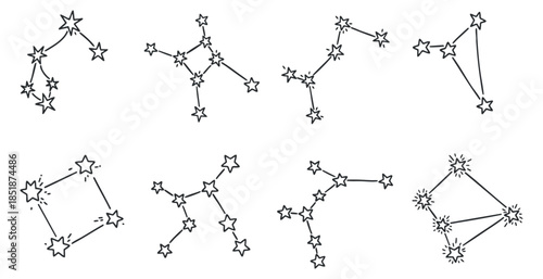 A collection of eight star constellation illustrations in black and white outline vector style, ideal for astronomy-themed designs