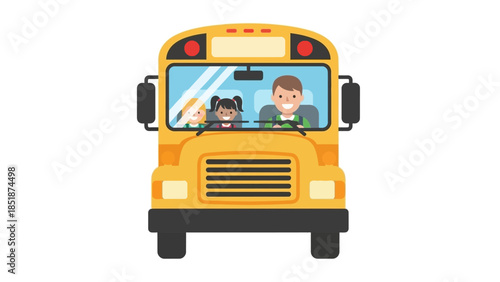 A happy child and a friendly driver inside a bright yellow school bus, ready for a day of learning and adventure
