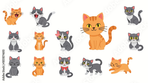 Collection of Adorable Cartoon Cats in Various Poses and Expressions, Perfect for Playful Designs