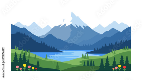Serene Mountain Landscape with a Pristine Lake and Blooming Wildflowers