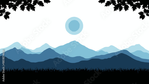 Serene blue mountain range under a pale sun with silhouetted grass and leaves in a minimalist, flat design style