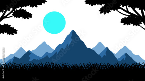 Serene mountain range under a bright teal sun with silhouetted trees and grass in the foreground