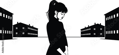 Minimalist silhouette side profile woman looking down standing between low rise buildings in urban street center composition ponytail hands clasped high contrast black white vector illustration