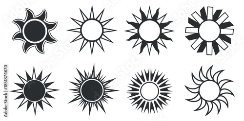 A collection of eight sun icons in black and white minimalist vector style, perfect for various design projects
