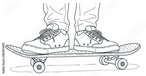 A person standing on a skateboard with sneakers in a minimalist outline vector style, suitable for sports and youth culture themes