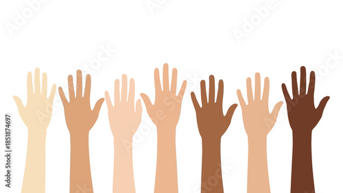 Diverse hands raised together showing unity and equality, symbolizing teamwork and support