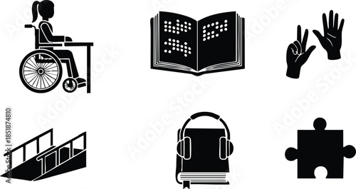 Flat icon set showcasing six accessibility symbols including wheelchair user in side view braille book sign language hands ramp and assistive listening headphones on white background