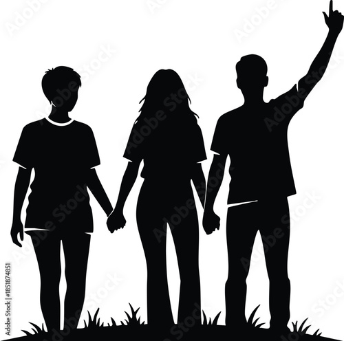 Silhouette vector art of three people holding hands standing on grass one person raising an arm looking away backlit high contrast black and white unity scene