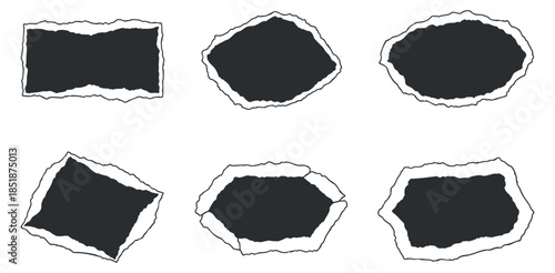 A collection of six torn paper shapes with jagged edges in black and white outline vector style, perfect for creative projects and graphic design