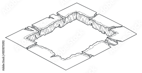 An abstract 3D crack in a geometric surface in black and white outline vector style, suitable for architectural design and illustration