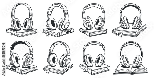 A collection of various headphone designs paired with books in black and white outline vector style, perfect for music and education themes