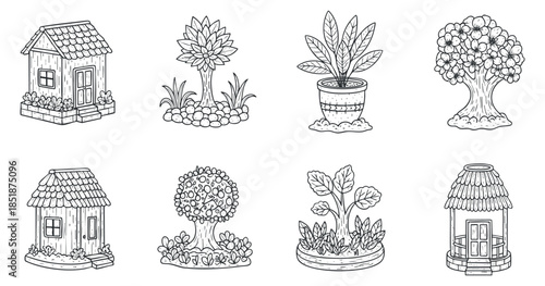 A collection of hand-drawn houses, trees, and plants in black and white vector style, ideal for nature-themed designs