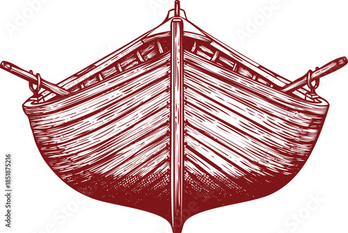 Red Wooden Rowboat with Oars Illustration on White Background wooden boat vessel