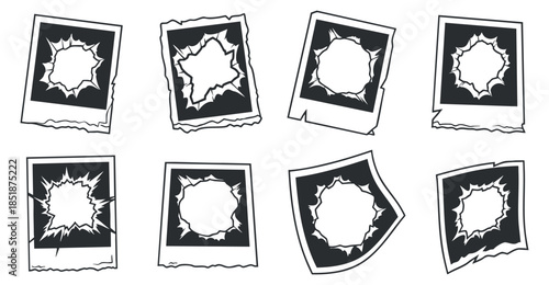 A collection of torn paper frames with holes in black and white vector style, ideal for creative design projects