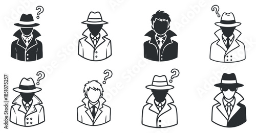 A set of mystery man silhouettes featuring detectives and agents in black and white vector style, perfect for crime-related themes and illustrations