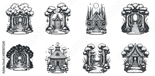 A collection of whimsical house illustrations nestled among trees in black and white vintage style, perfect for fantasy designs