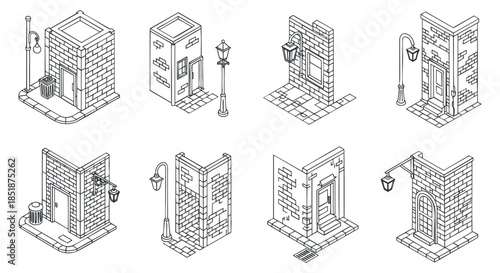 A collection of architectural building elements in black and white line art style, suitable for urban design projects